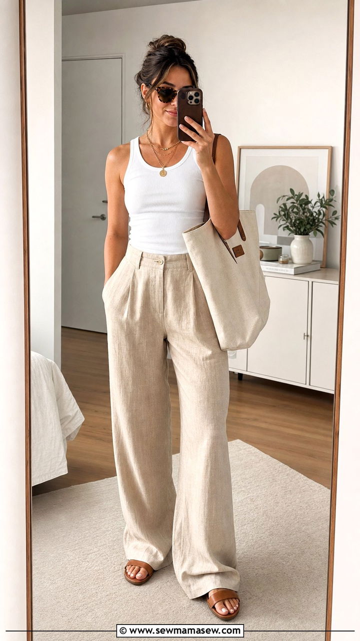 Beige Linen Pants Outfit with Tank Top - 35 casual linen pants outfits