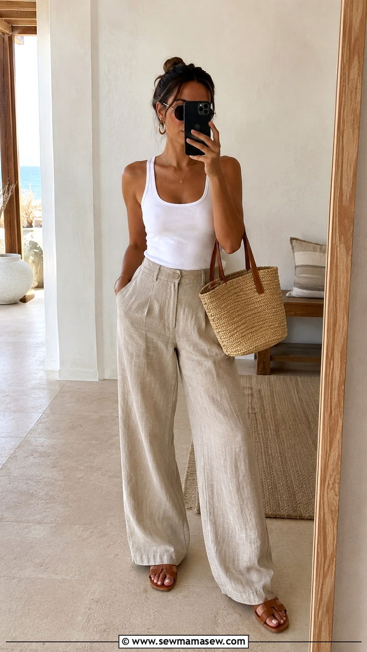 Beige Linen Pants With White Tank And Straw Bag - 25 Wide leg linen pants outfit ideas with a tank top