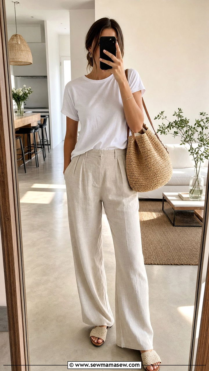 Beige Linen Pants With White Tee And Raffia Bag - 25 Summer outfits with bags