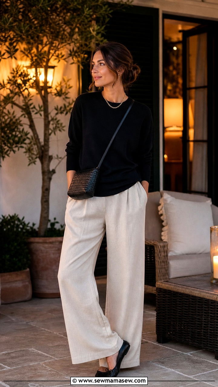 Beige Linen Pants and Black Lightweight Sweater - 40 summer old money outfits