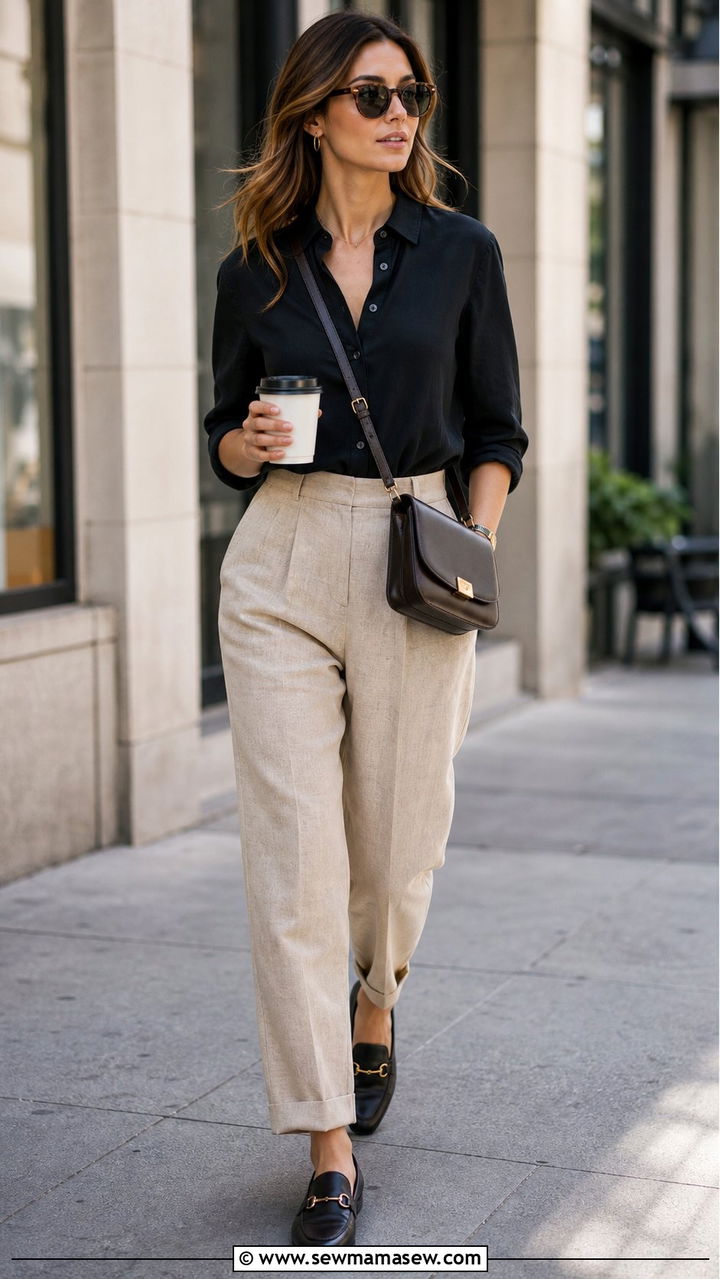 Beige Linen Pants with Black Button Down Shirt - 25 summer linen pants outfit ideas