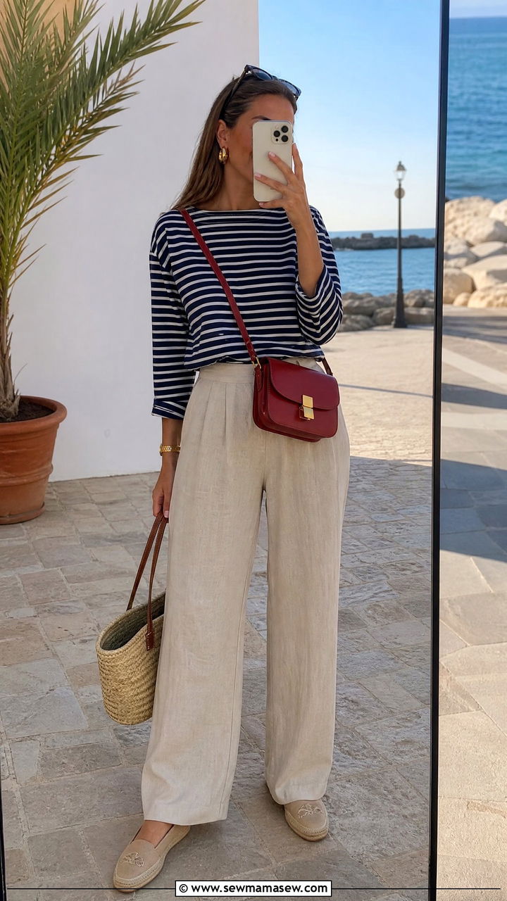 Beige Linen Pants with Breton Stripe Top - 35 linen pants outfits ideas