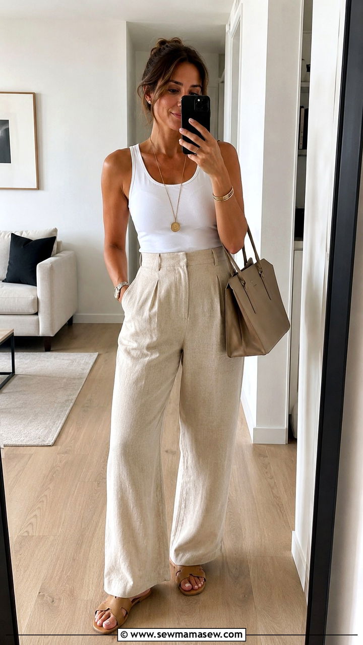 Beige Linen Pants with White Tank and Sandals - 30 Linen pants outfit ideas with sandals