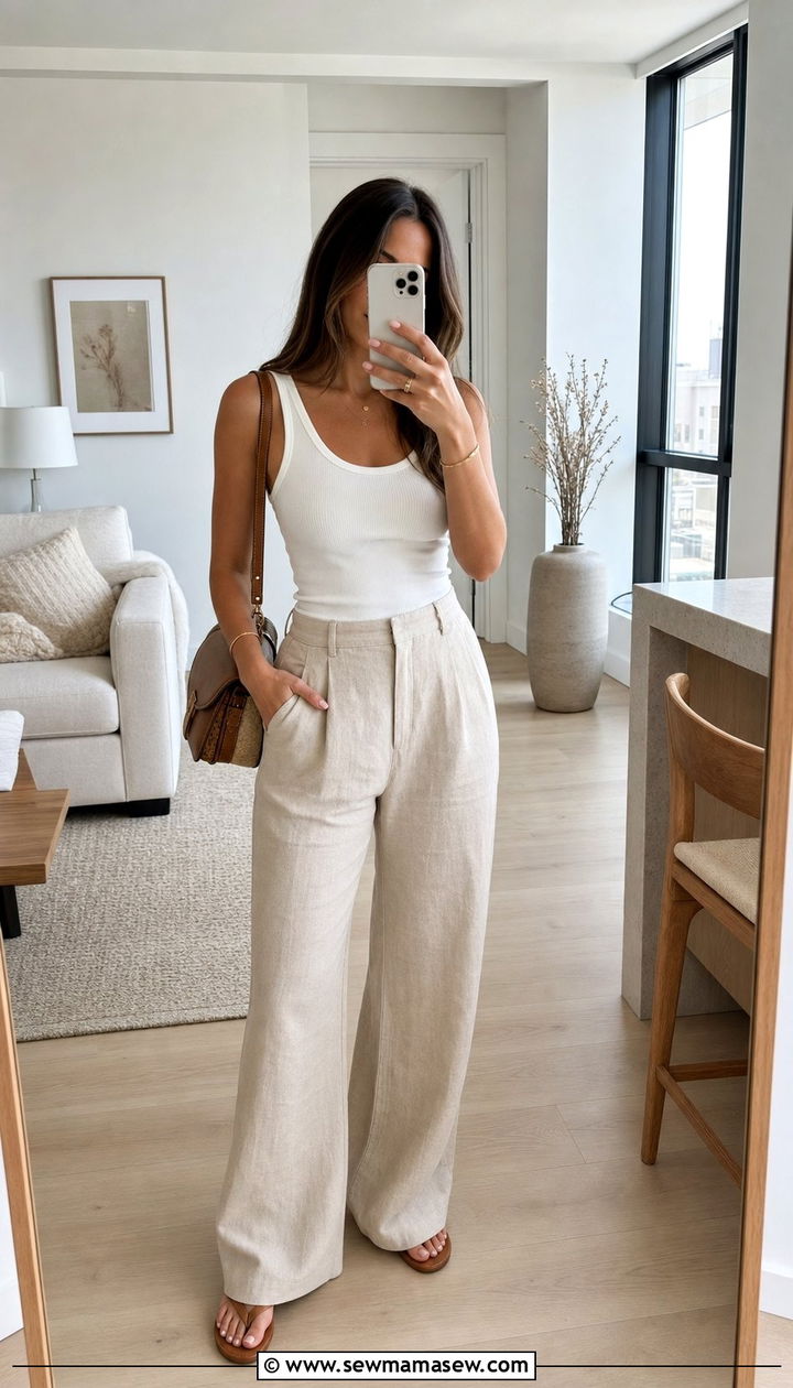Beige Linen Pants with White Tank - 25 summer linen pants outfit ideas