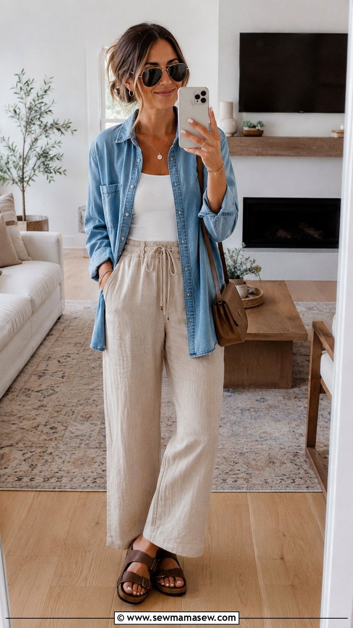 Beige Linen Pants with a Denim Button Up - 30 Linen pants outfit ideas with a button down