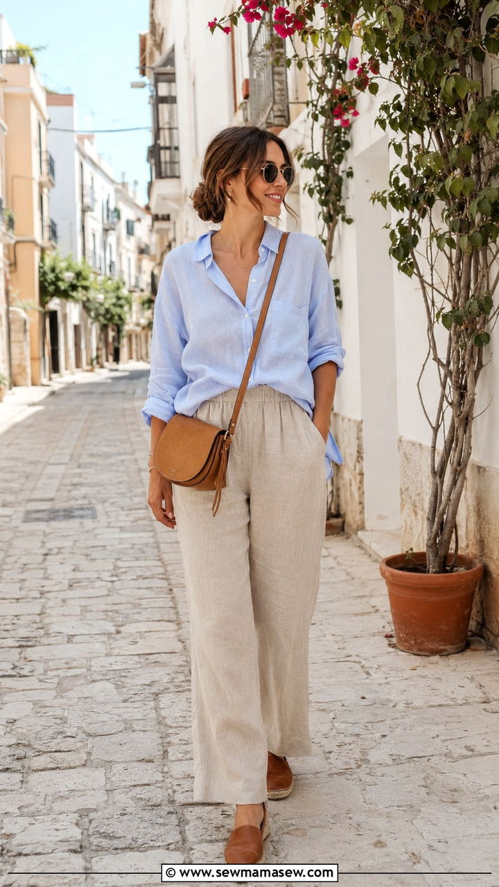 Beige Linen Pants with a Light Blue Button Down - 30 Linen pants outfit ideas with a button down