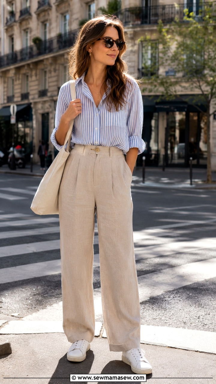 Beige Linen Pants with a Striped Button Down and Sneakers - 30 Linen pants outfit ideas with sneakers