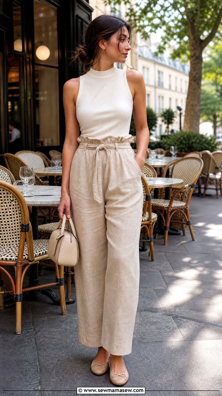 Beige Linen Paperbag Pants with a Mock Neck Tank and Ballet Flats - 25 Brunch outfit ideas with linen pants