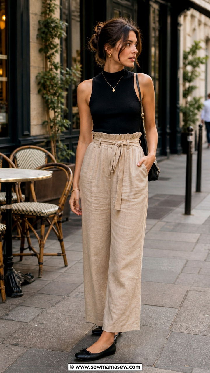 Beige Linen Paperbag Pants with a Mock Neck Tank and Ballet Flats - 40 linen pants outfit ideas for women