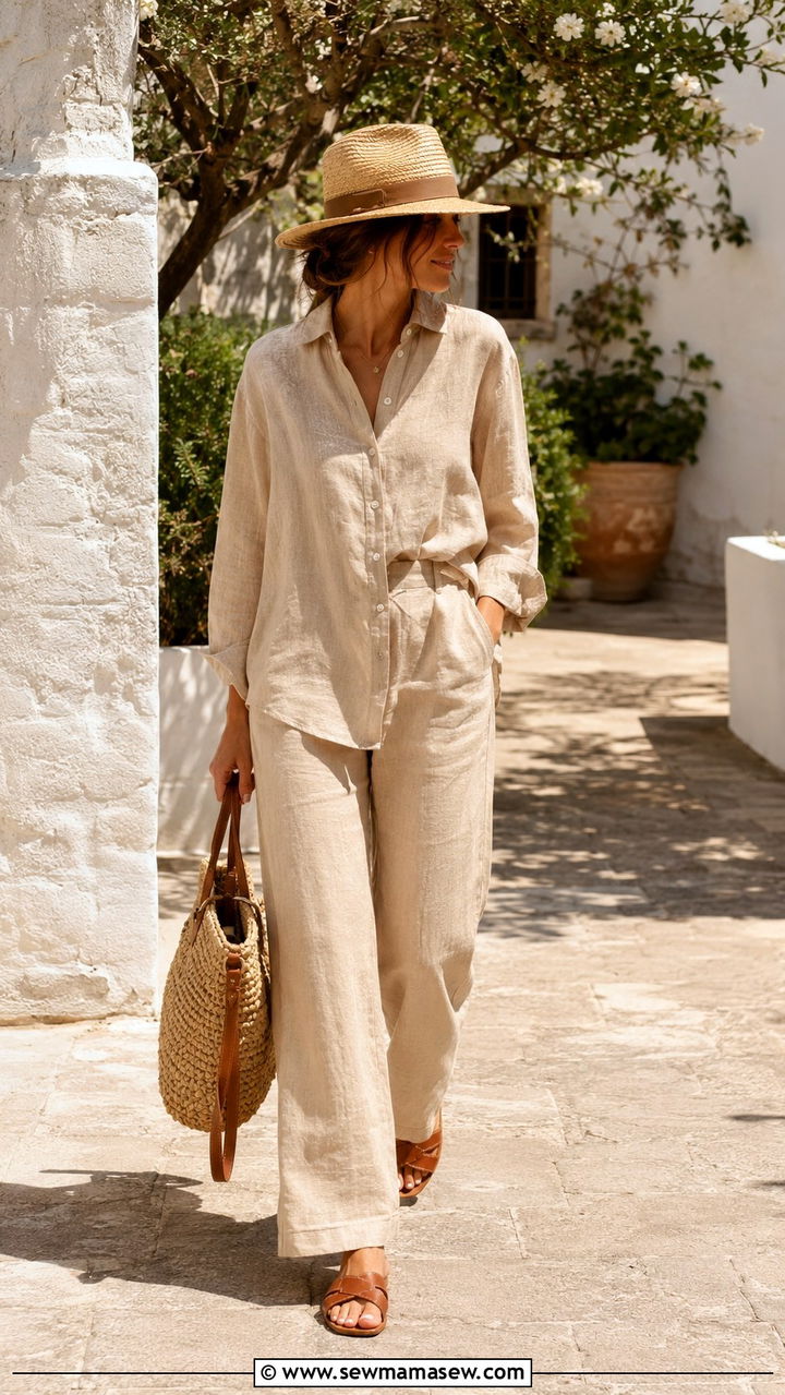 Beige Linen Set With Slide Sandals - 30 Modest outfit ideas Parisian