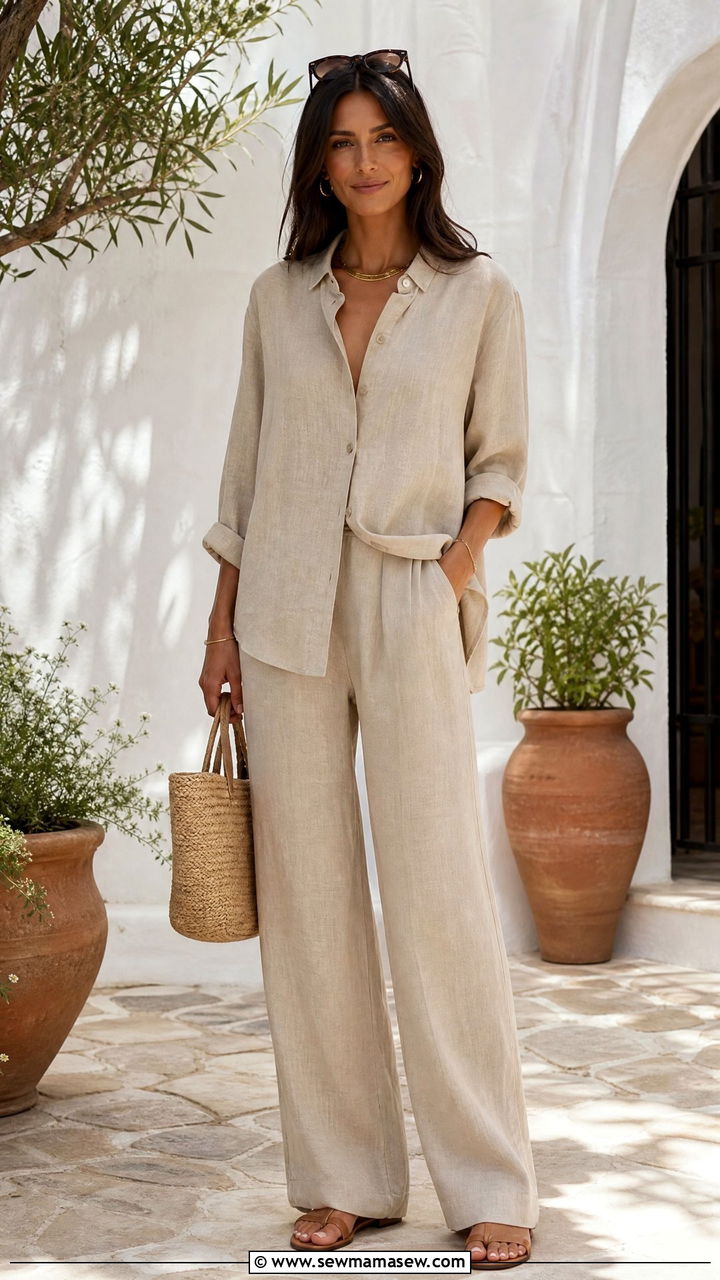 Beige Linen Shirt and Wide Leg Trousers Matching Set - 25 Matching set outfit ideas neutral