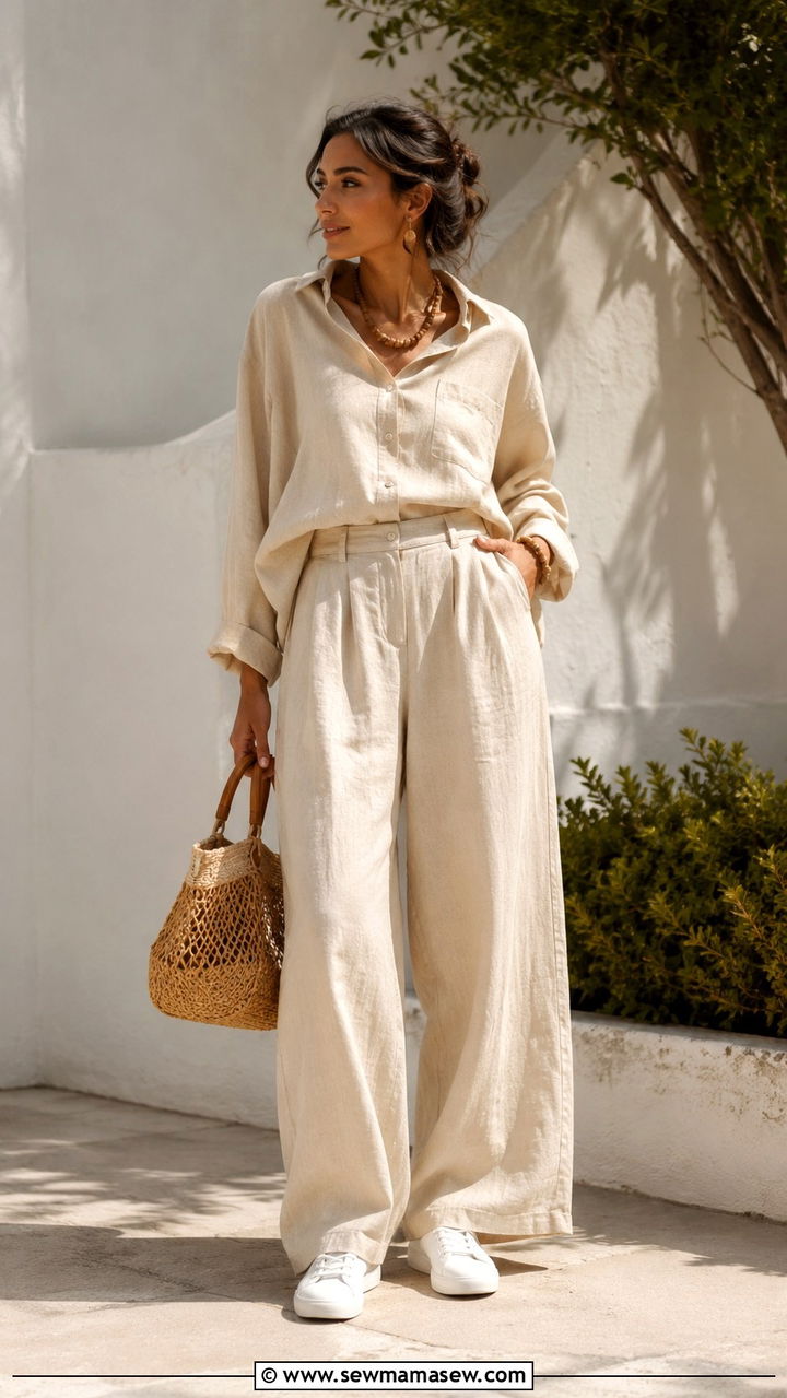 Beige Linen Shirt and WideLeg Pants Set - 25 Ramadan matching set outfit ideas