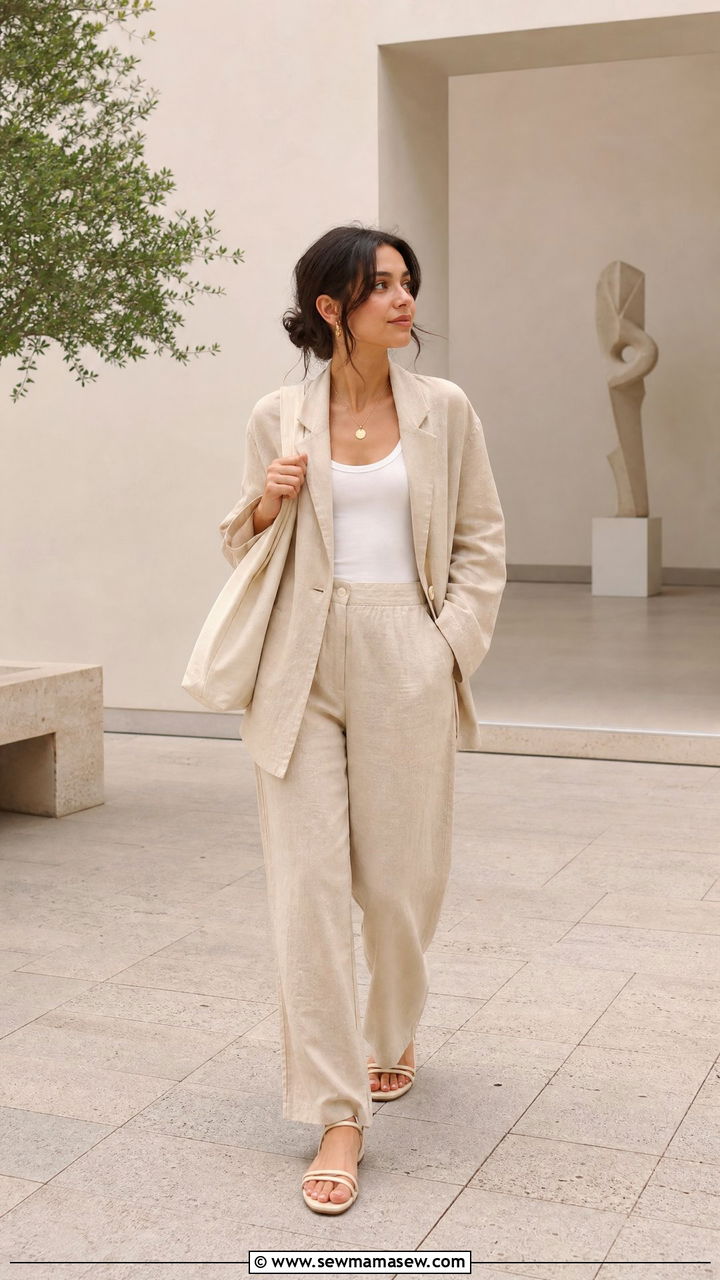 Beige Linen Suit And White Tank Outfit - 25 light academia outfits 2026