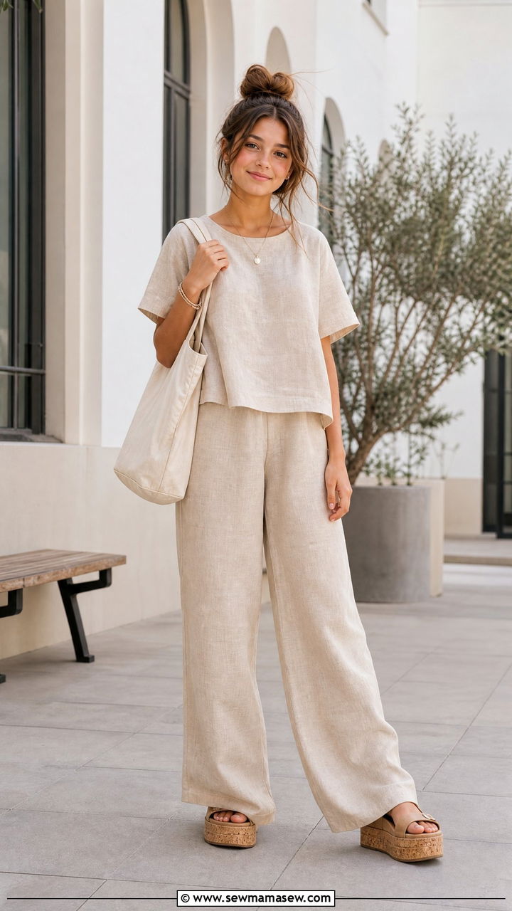 Beige Linen Top With Wide Leg Pants - 30 School outfit ideas for teens hot weather