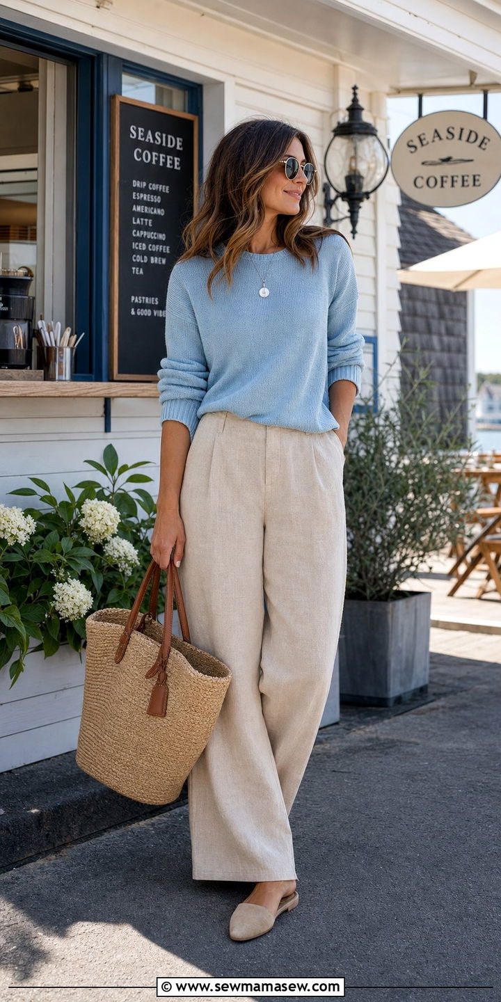 Beige Linen Trousers and Light Blue Cotton Sweater - 25 Summer coastal grandmother outfits 2026