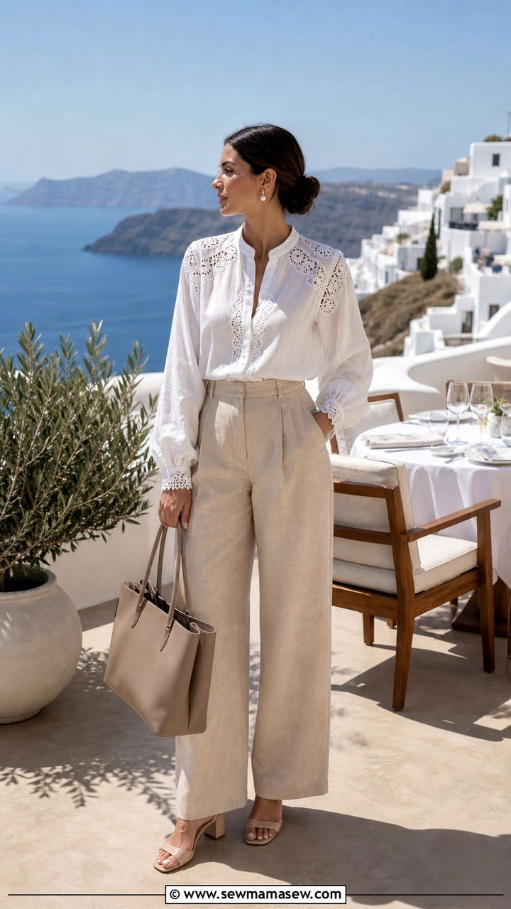 Beige Linen Trousers with White Blouse and Mules - 40 What to wear in Santorini