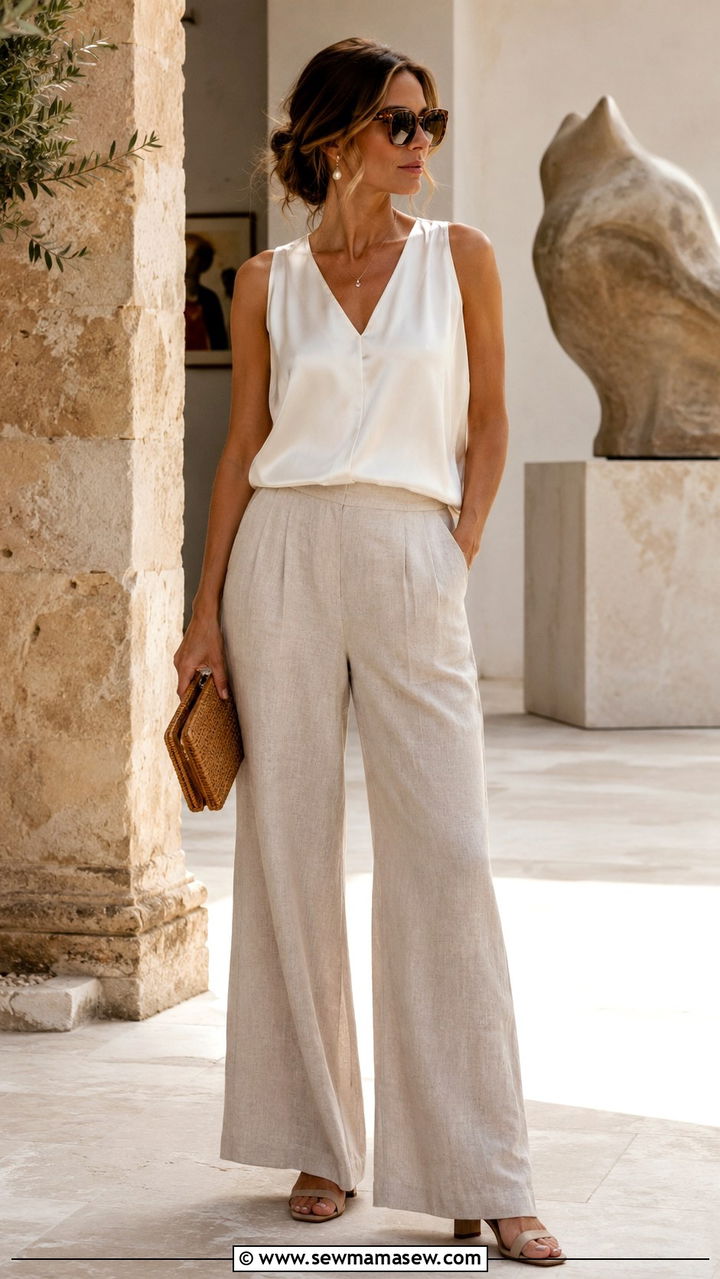 Beige Linen Wide Leg Trousers With Sleeveless Blouse And Block Heels - 25 Provence outfit ideas