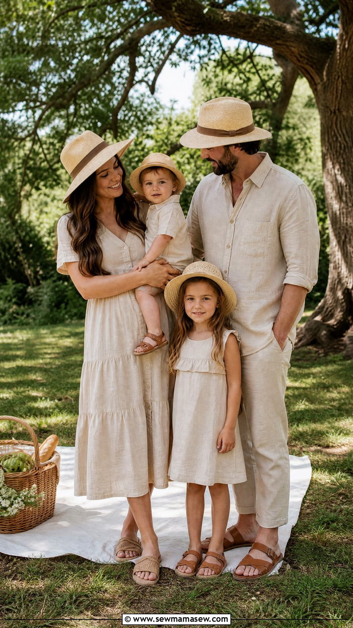 Beige Linen and Straw Hats for Summer Picnic Photoshoots - 30 Family photoshoot outfit ideas