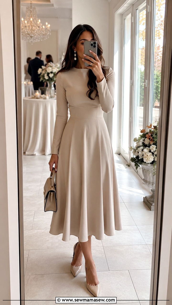 Beige Long Sleeve Dress With Pointed Toe Pumps - 25 Beige dress outfit ideas for wedding guest