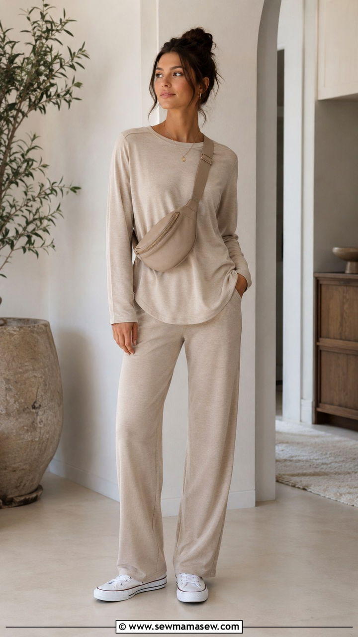 Beige Long Sleeve Tee and Straight Leg Pants Set - 25 Beige loungewear set outfit ideas