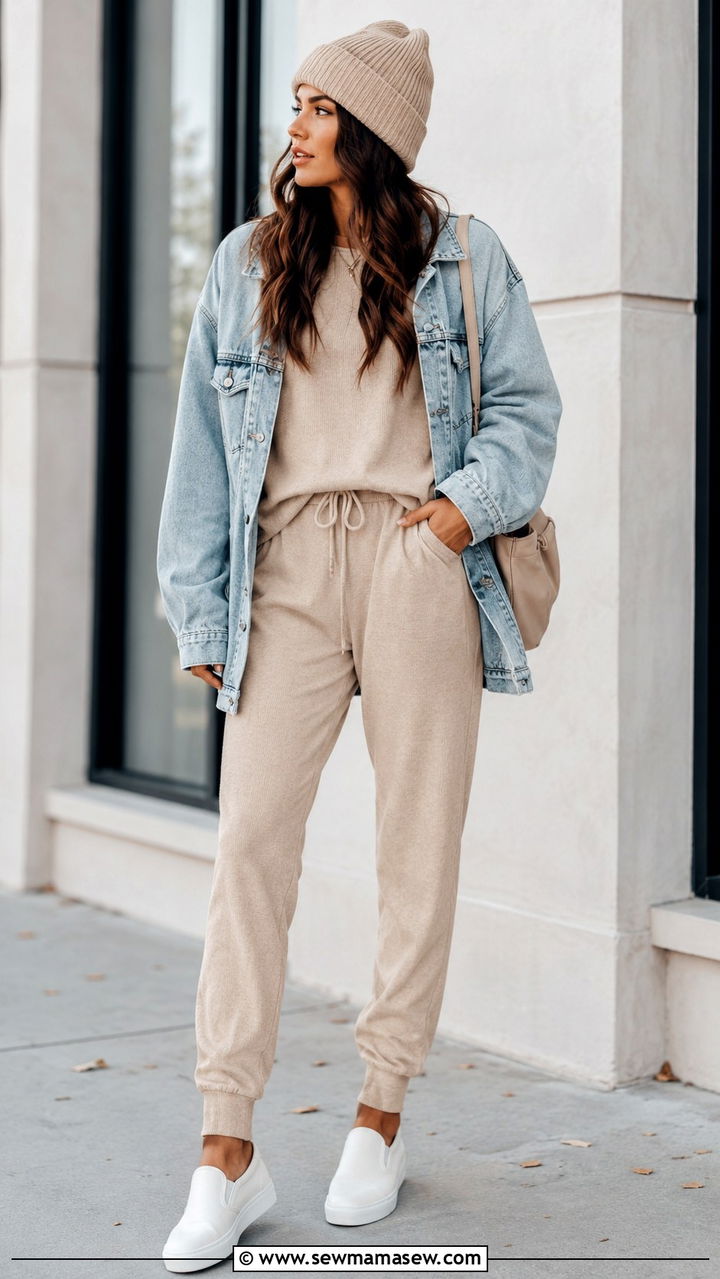 Beige Lounge Set With Denim Jacket Layer Outfit - 25 Beige loungewear set outfit ideas