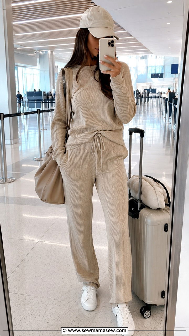 Beige Matching Knit Lounge Set With White Sneakers - 30 casual clean girl outfits