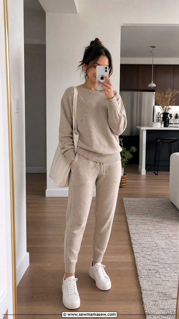 Beige Matching Knit Lounge Set and White Sneakers - 30 Clean girl outfit ideas petite