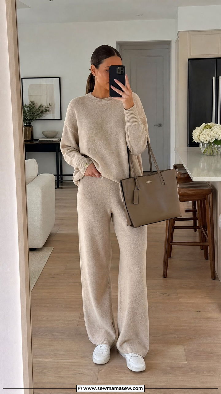 Beige Matching Knit Lounge Set - 30 clean girl outfits aesthetic