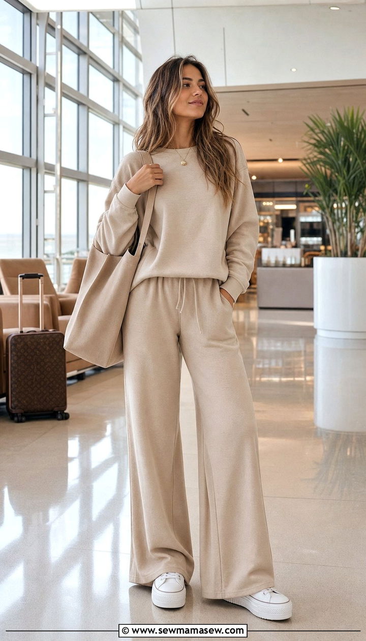 Beige Matching Lounge Set Travel Outfit - 25 Clean girl travel outfit ideas