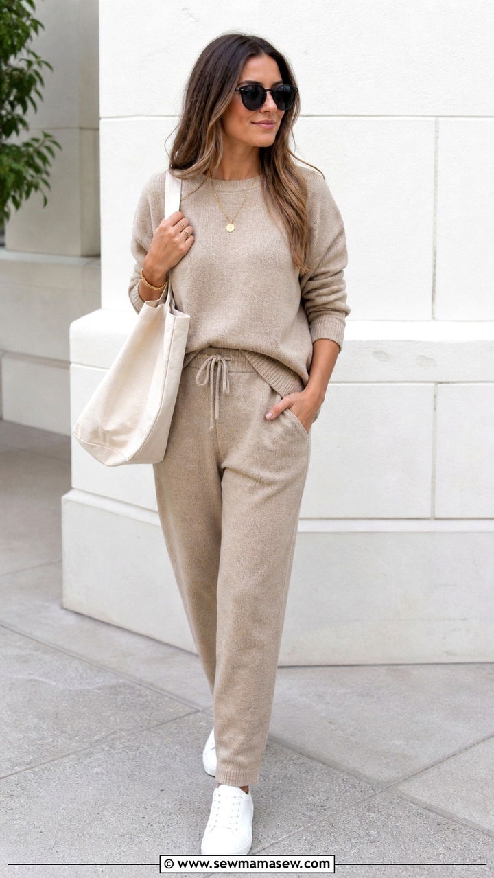 Beige Matching Set with White Sneakers - 40 Clean girl outfit ideas