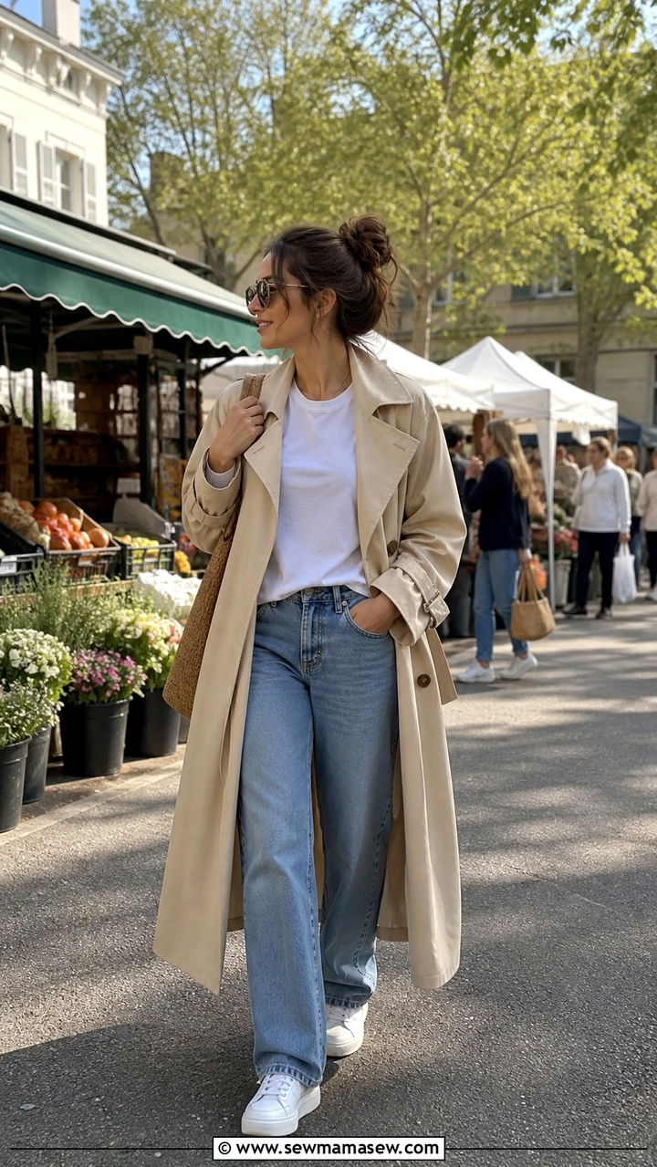 Beige Maxi Trench Coat With Denim and White Sneakers - 40 Maxi coat outfit ideas