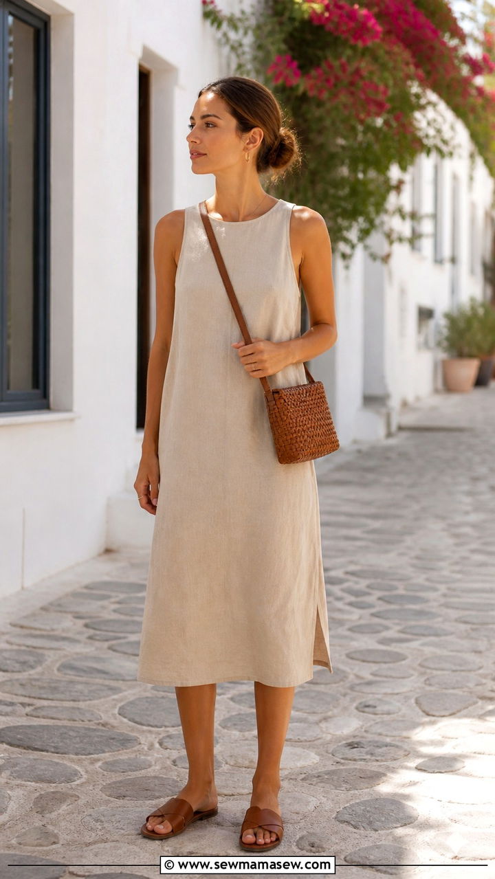 Beige Midi Dress and Woven Crossbody Bag - 40 summer minimalist outfits