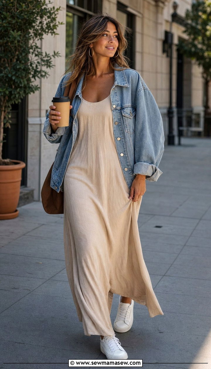 Beige Midi Dress with a Denim Jacket and Gold Hoops - 35 Beige dress outfit ideas summer 2026