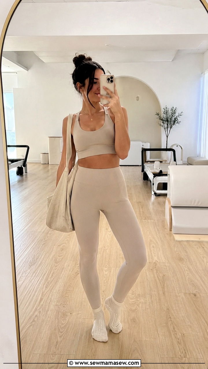 Beige Monochrome Matching Set - 25 Pilates instructor outfit ideas