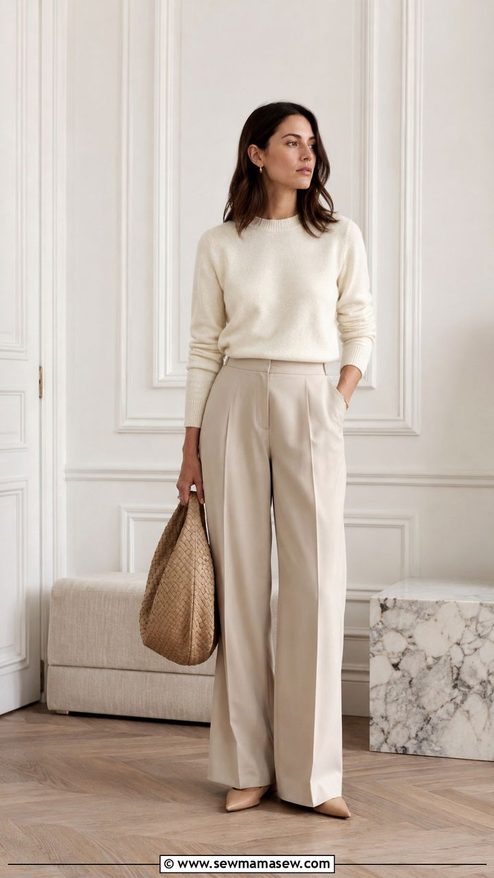 Beige Monochrome Outfit Cream Knit and Wide Leg Trousers - 30 parisian capsule wardrobe outfits