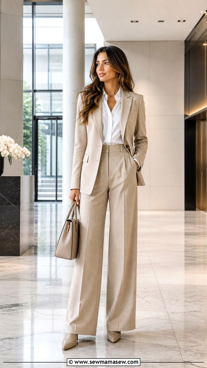 Beige Monochrome Tailored Suit With White Shirt - 40 Beige outfit ideas