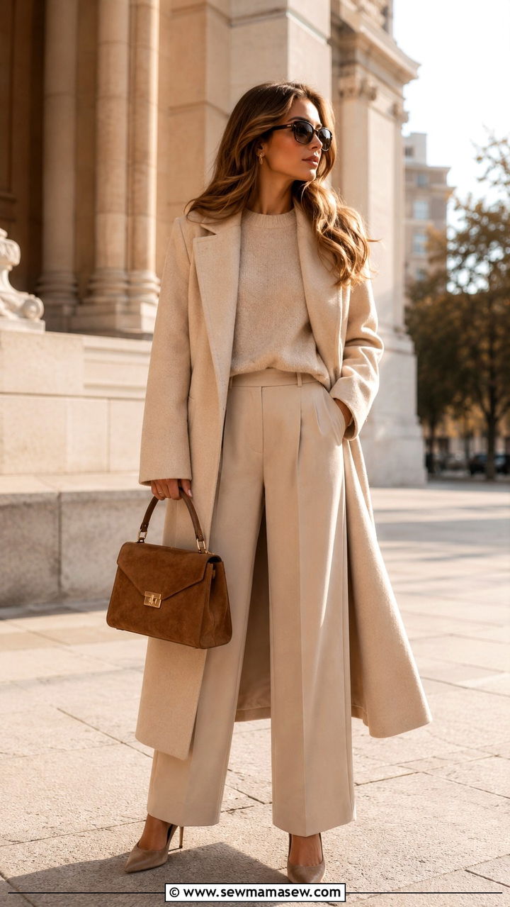 Beige Monochrome Wide Leg Trouser Outfit - 20 Quiet luxury outfit ideas Max Mara style