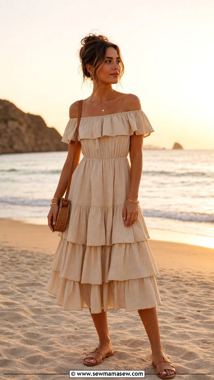 Beige Off Shoulder Ruffle Dress with Flat Sandals - 35 Beige dress outfit ideas summer 2026