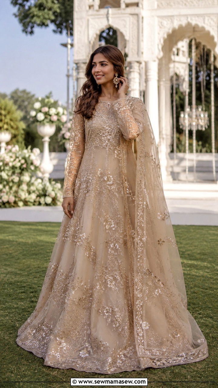 Beige Organza Gown With Sequin Embroidery - 25 Modest outfit ideas for Walima
