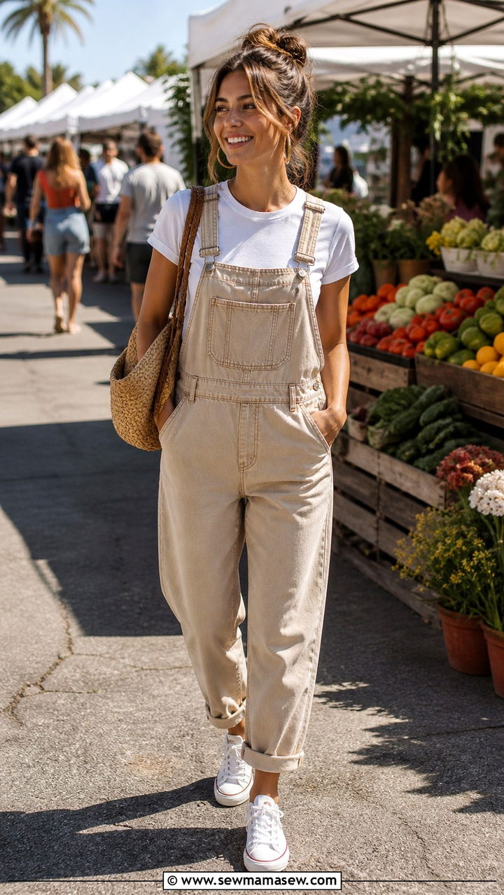 Beige Overalls With White Tee And Sneakers Outfit - 40 Beige outfit ideas