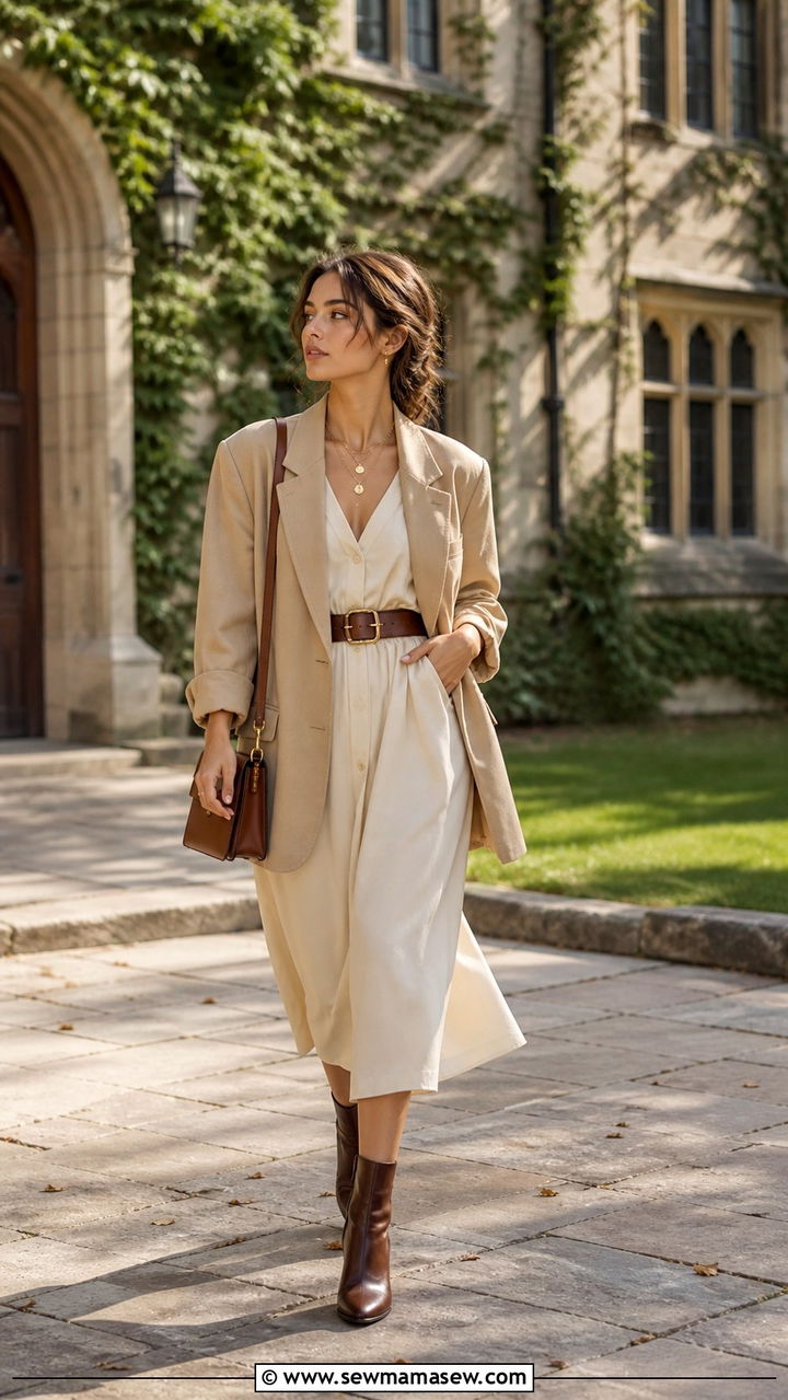Beige Oversized Blazer And Midi Dress - 40 light academia outfits ideas