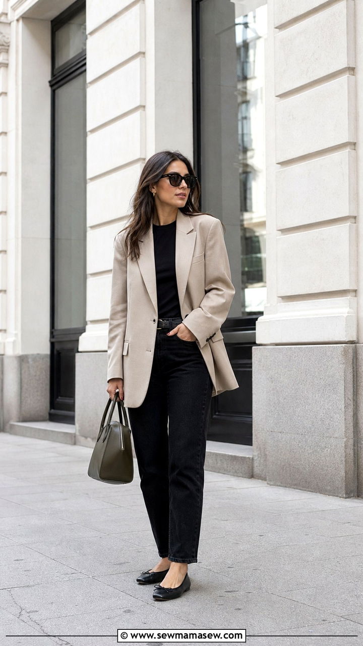 Beige Oversized Blazer With Black Jeans and Black Flats - 40 casual black jeans outfits