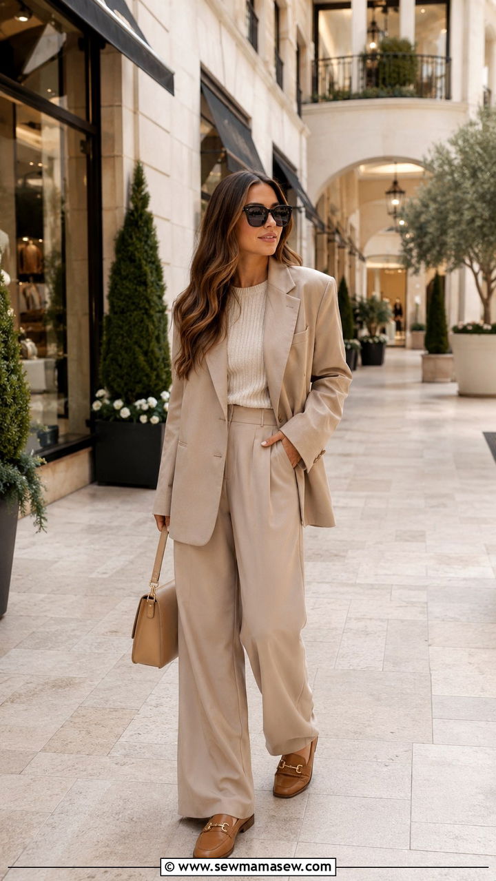 Beige Oversized Blazer With Matching Trousers Monochrome Look - 30 Oversized blazer outfit ideas with loafers