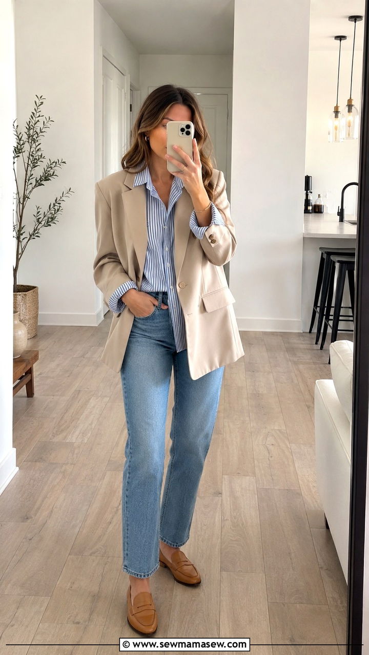 Beige Oversized Blazer With Striped Shirt And Blue Jeans - 30 Oversized blazer outfit ideas with loafers