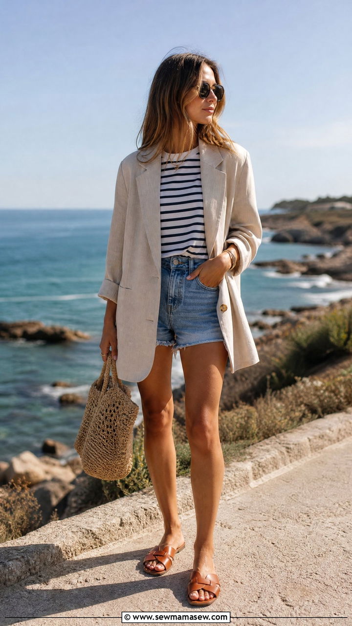 Beige Oversized Blazer With Striped T Shirt and Denim Shorts - 30 Oversized blazer outfit ideas with a t-shirt