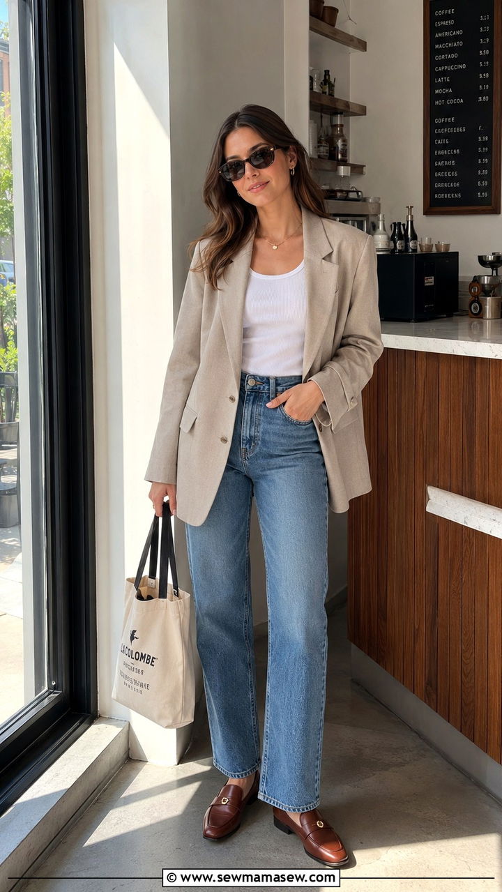 Beige Oversized Blazer and Straight Leg Jeans - 30 Oversized blazer outfit ideas with jeans