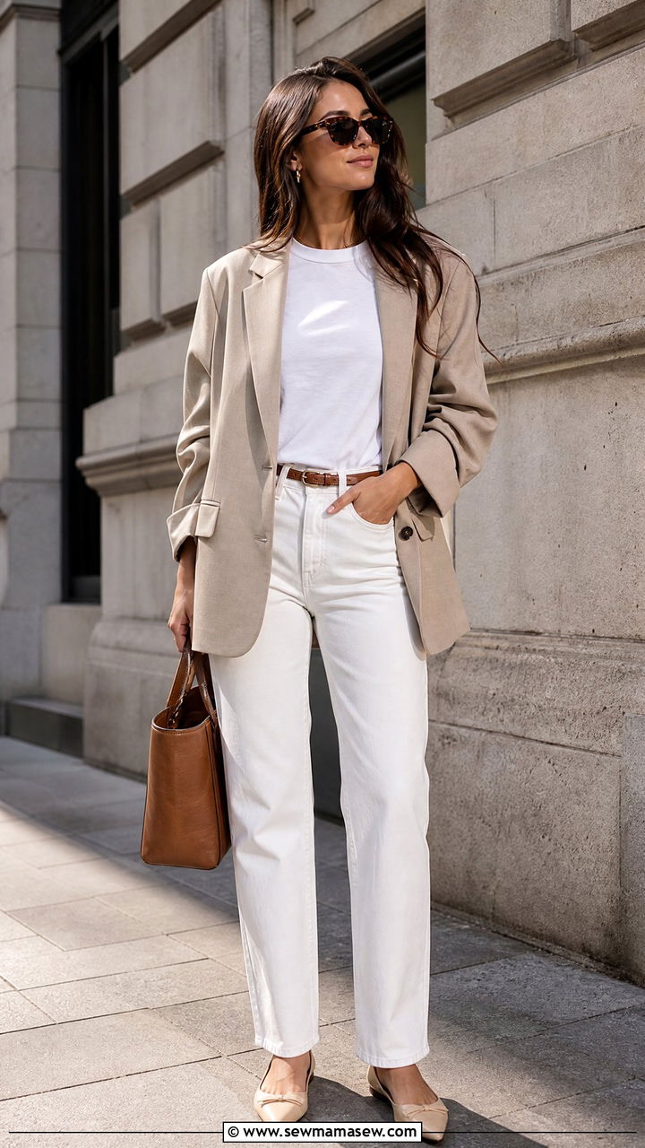 Beige Oversized Blazer and White Straight Leg Jeans - 30 clean girl outfits to copy
