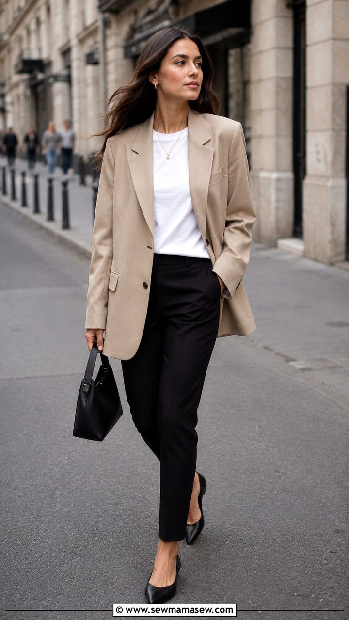 Beige Oversized Blazer with Black Pants - 30 office outfits inspo