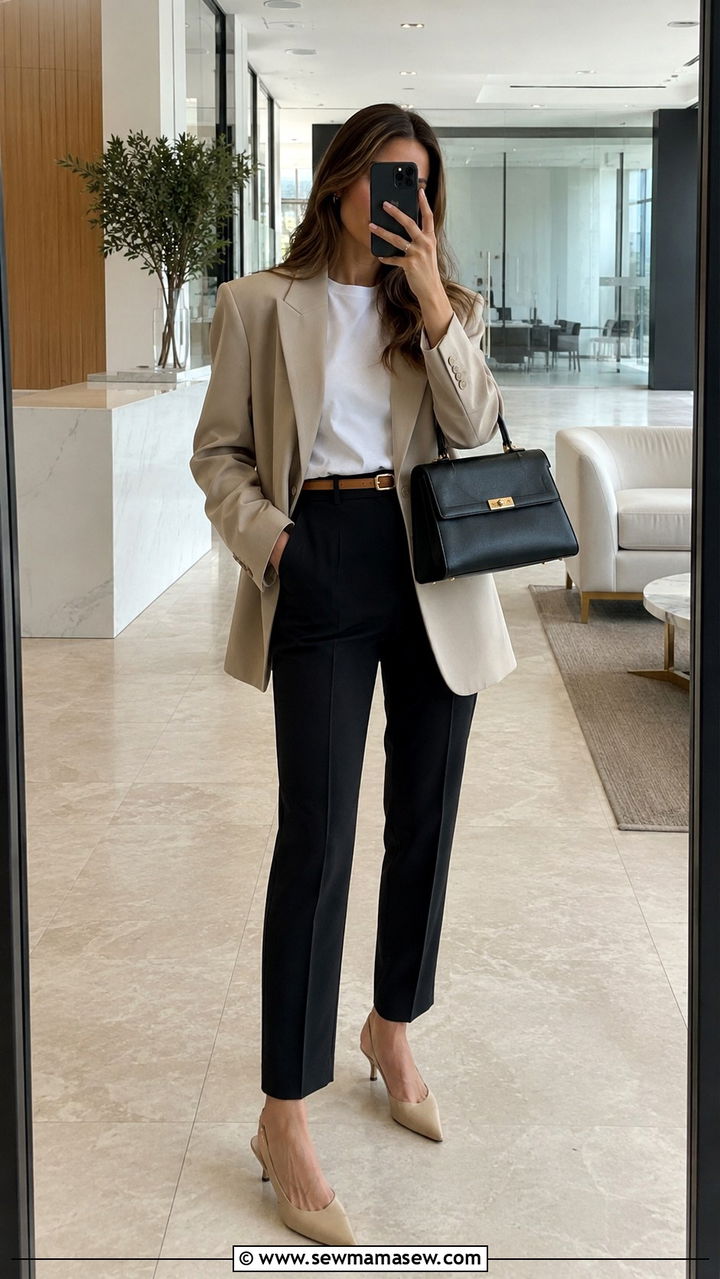 Beige Oversized Blazer with Black Pants - 30 office outfits aesthetic