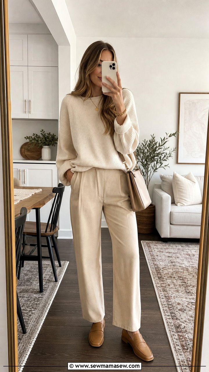 Beige Oversized Knit Sweater and Relaxed Trousers - 25 cute quiet luxury outfits